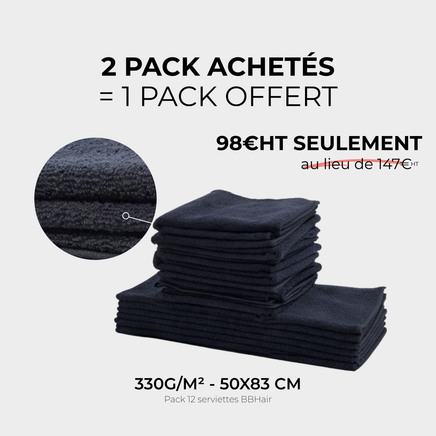 2+1 Offert - Pack 12 serviettes BBHair - 100 % coton (330 g/m²) - 50x83 cm